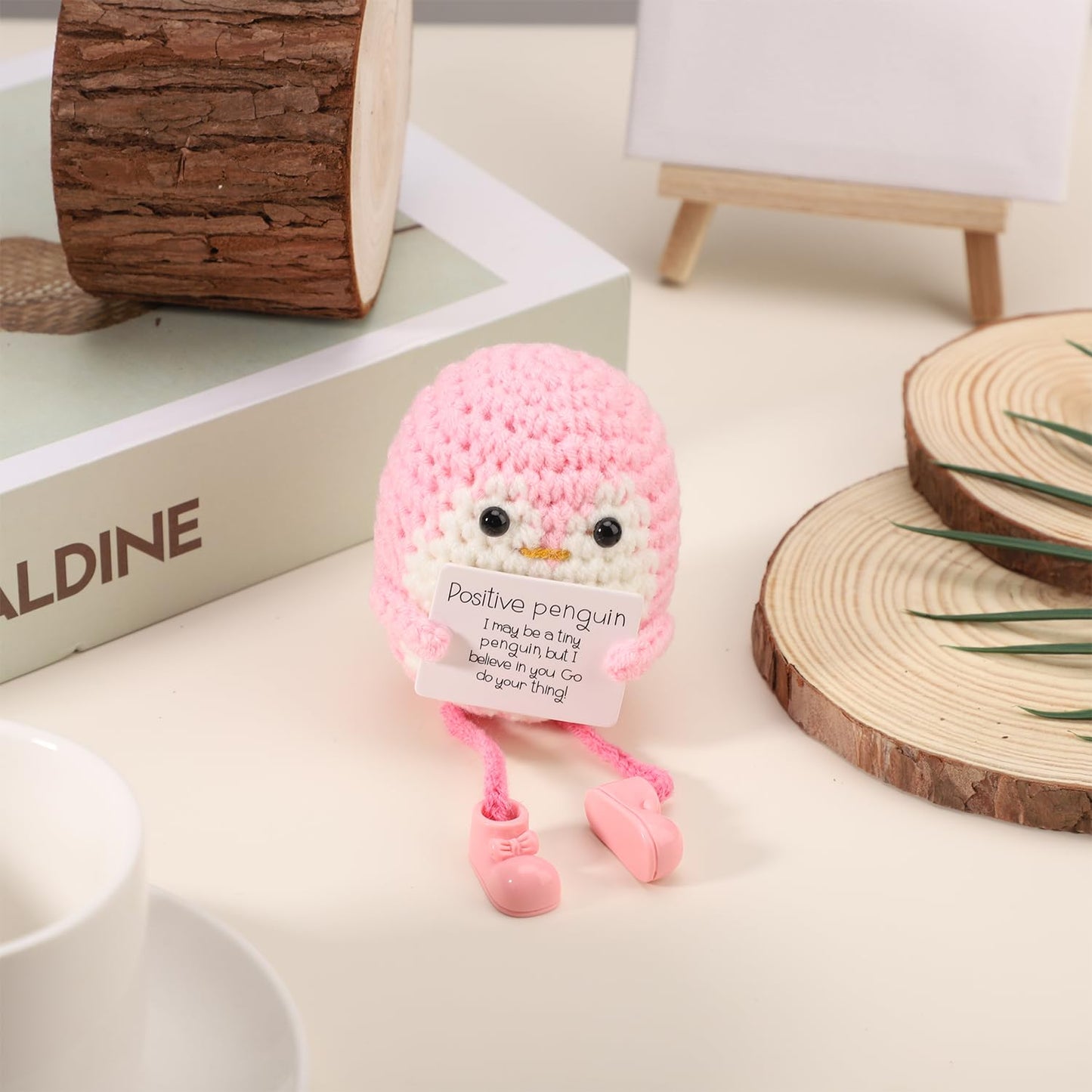 TOYMIS Positiver Pinguin, Gestricktes Pinguinspielzeug mit Langen Beinen und Ermutigungskarte Emotionales Ermutigungspinguin
