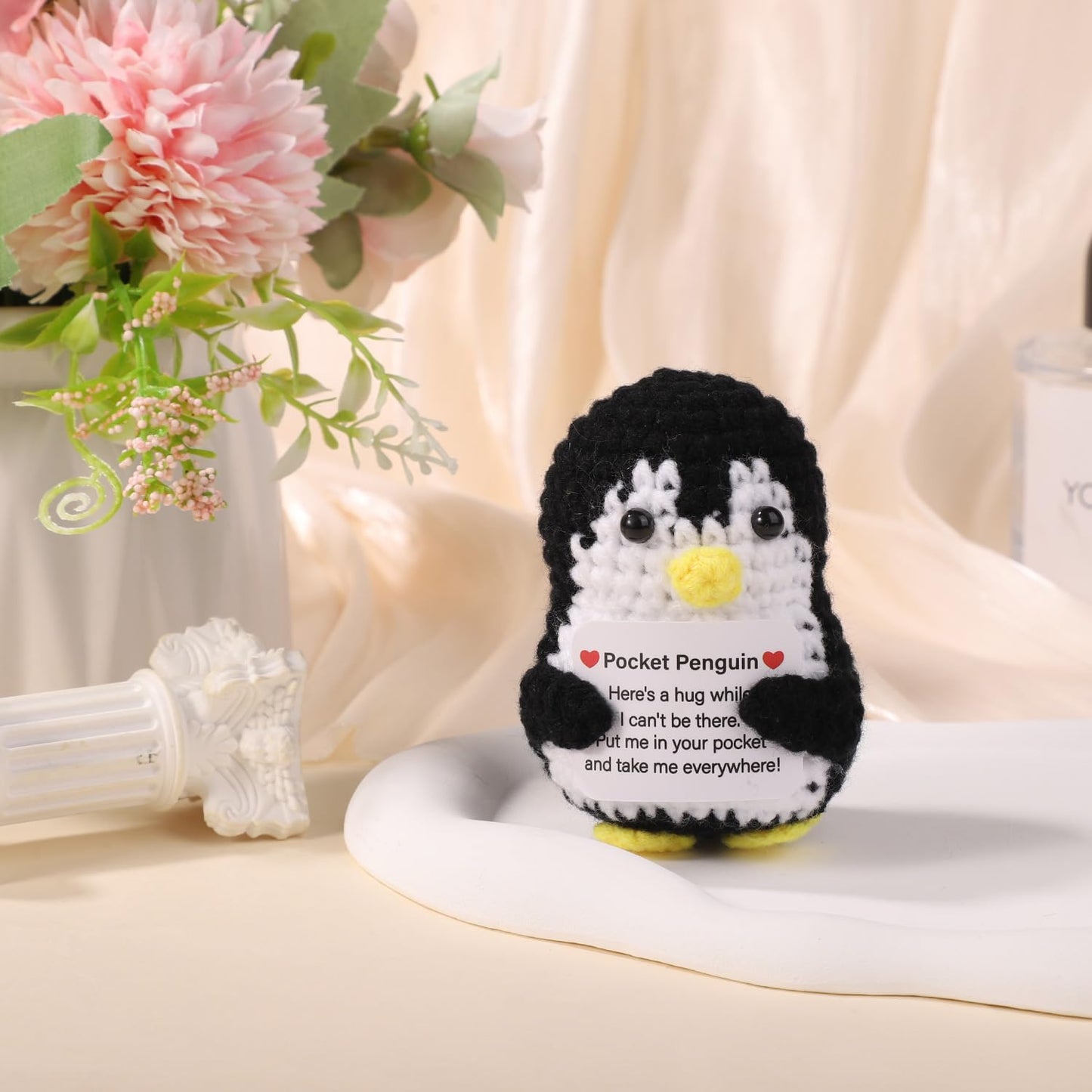 TOYMIS Positiver Pinguin, Taschen Pinguin Positive Häkeltiere Handgefertigt Pinguin zur Emotionalen Unterstützung Gestrickte Puppe