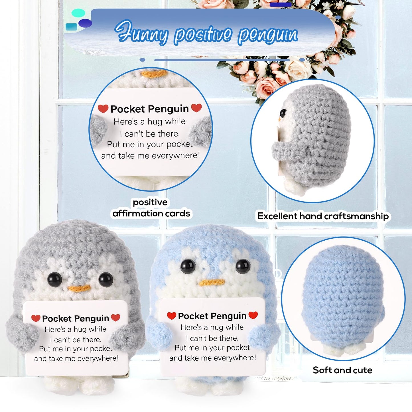 TOYMIS 2 Stück Taschen Pinguin, 6,5cm Lustiges Gestricktes Pinguin-Spielzeug mit Ermutigungskarte Süßer Positiver Pinguin Puppe