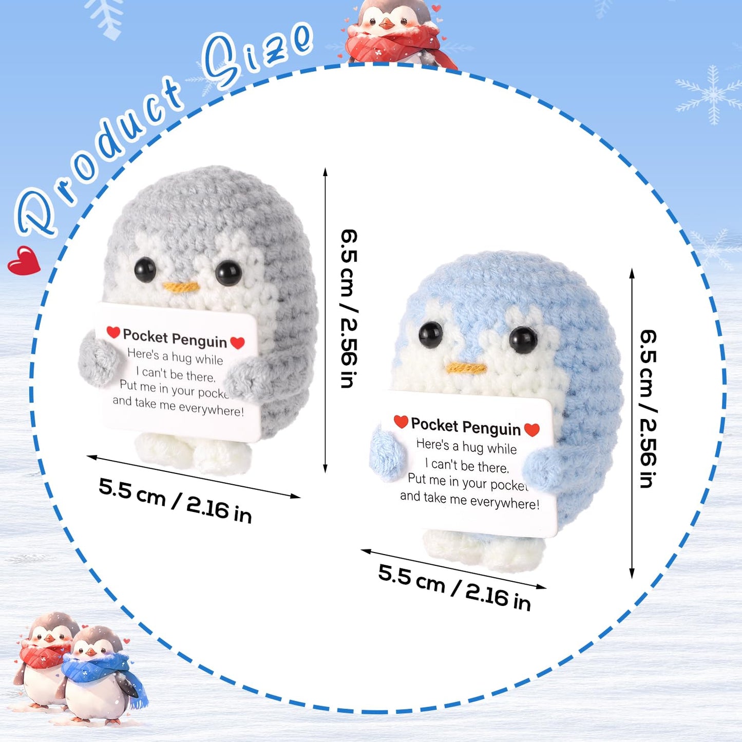 TOYMIS 2 Stück Taschen Pinguin, 6,5cm Lustiges Gestricktes Pinguin-Spielzeug mit Ermutigungskarte Süßer Positiver Pinguin Puppe