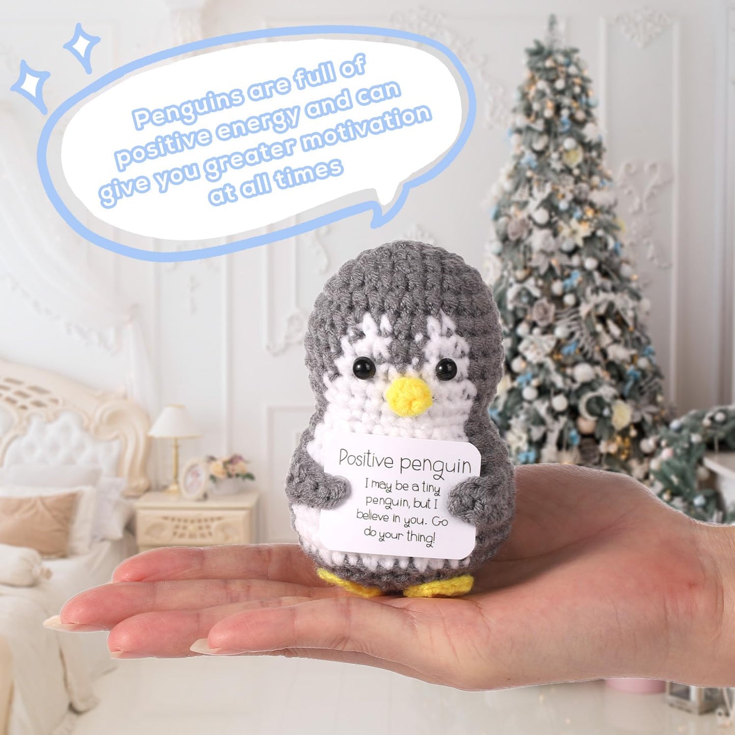 TOYMIS Lustiger Positiver Pinguin, 8cm Mini Süß Geschenke Taschen Dekorationen Puppe Gehäkelter Mit Karte Inspirierend