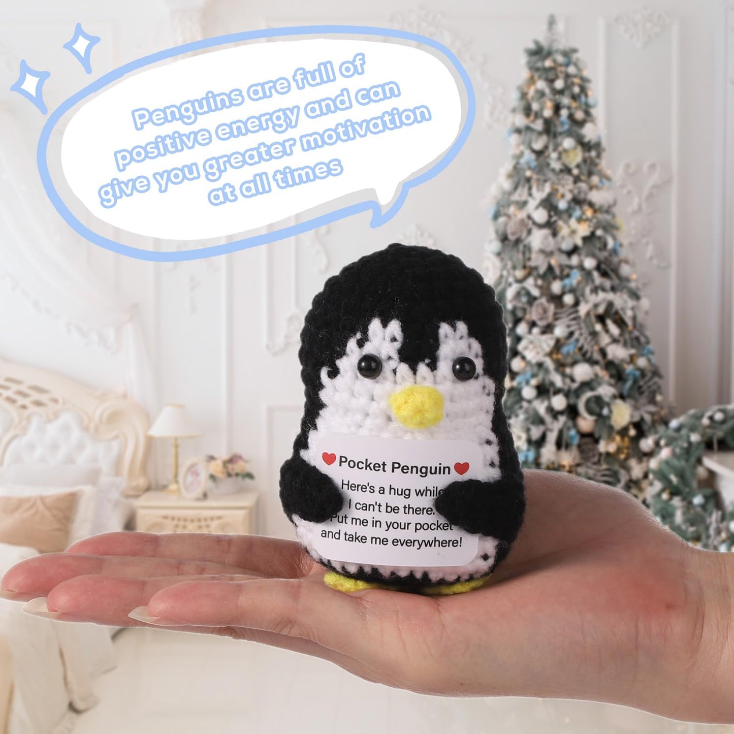 TOYMIS Positiver Pinguin, Taschen Pinguin Positive Häkeltiere Handgefertigt Pinguin zur Emotionalen Unterstützung Gestrickte Puppe