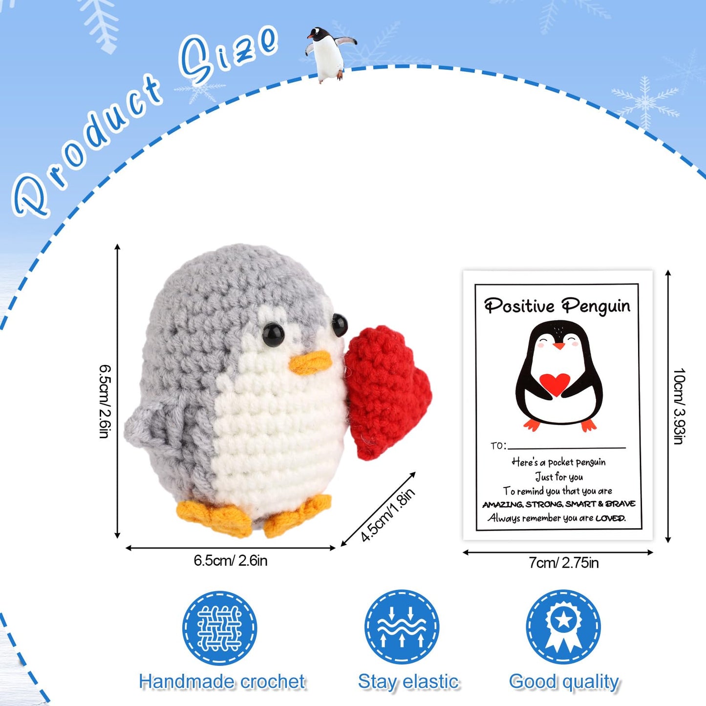 TOYMIS 2 Stück Positiver Herz Pinguin mit Karten, Gehäkelte Tierwollepuppe Gestrickter Positiver Pinguin mit Herz