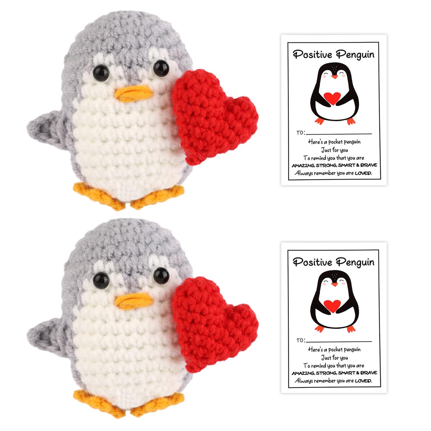 TOYMIS 2 Stück Positiver Herz Pinguin mit Karten, Gehäkelte Tierwollepuppe Gestrickter Positiver Pinguin mit Herz