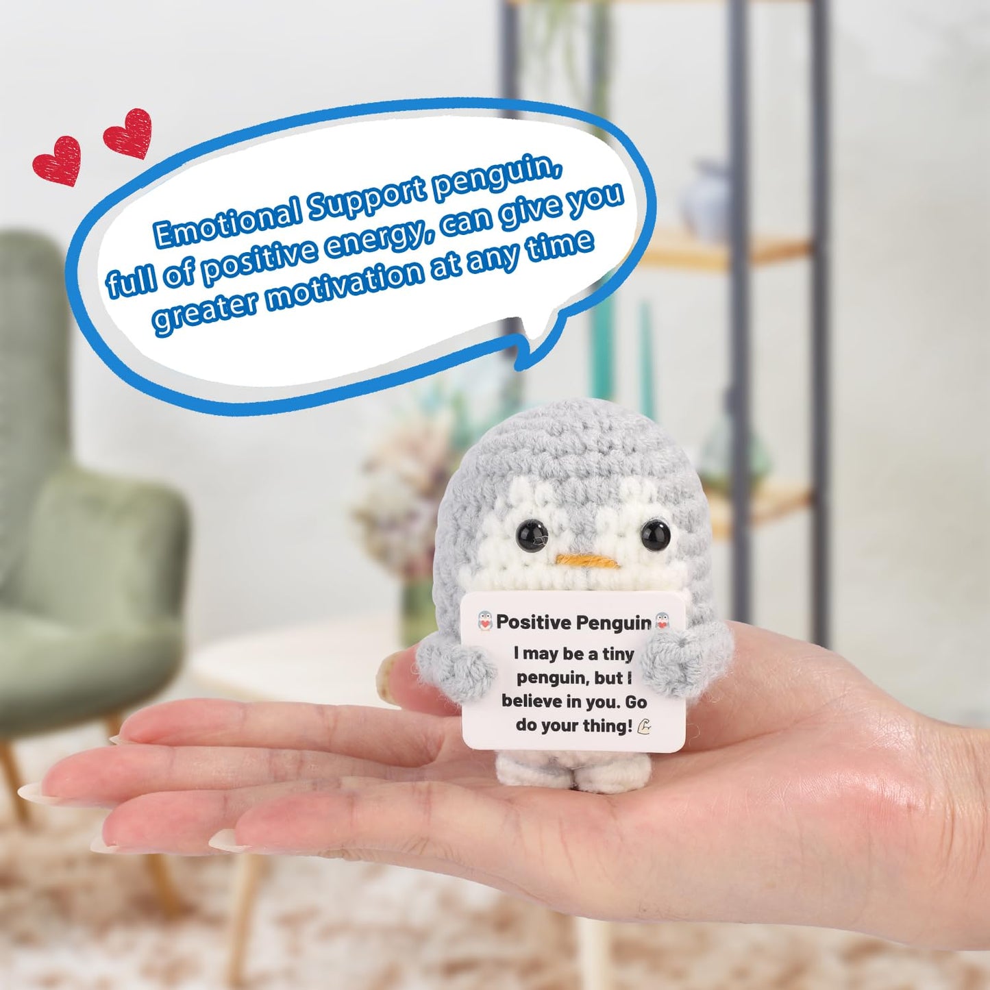 Positiver Pinguin, 6,5cm Lustiger Gehäkelter Pinguin mit Warmer Karte Mini Süß Pinguin-Umarmung
