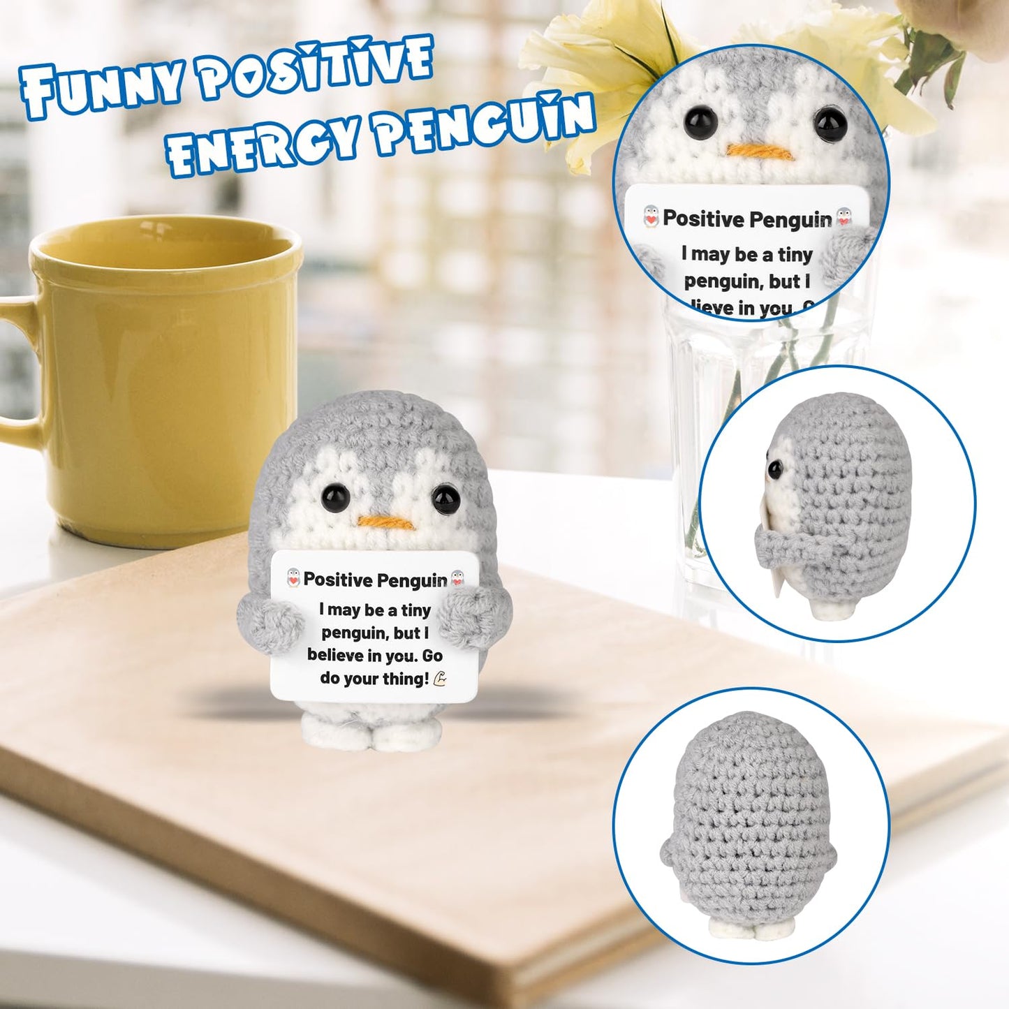 Positiver Pinguin, 6,5cm Lustiger Gehäkelter Pinguin mit Warmer Karte Mini Süß Pinguin-Umarmung