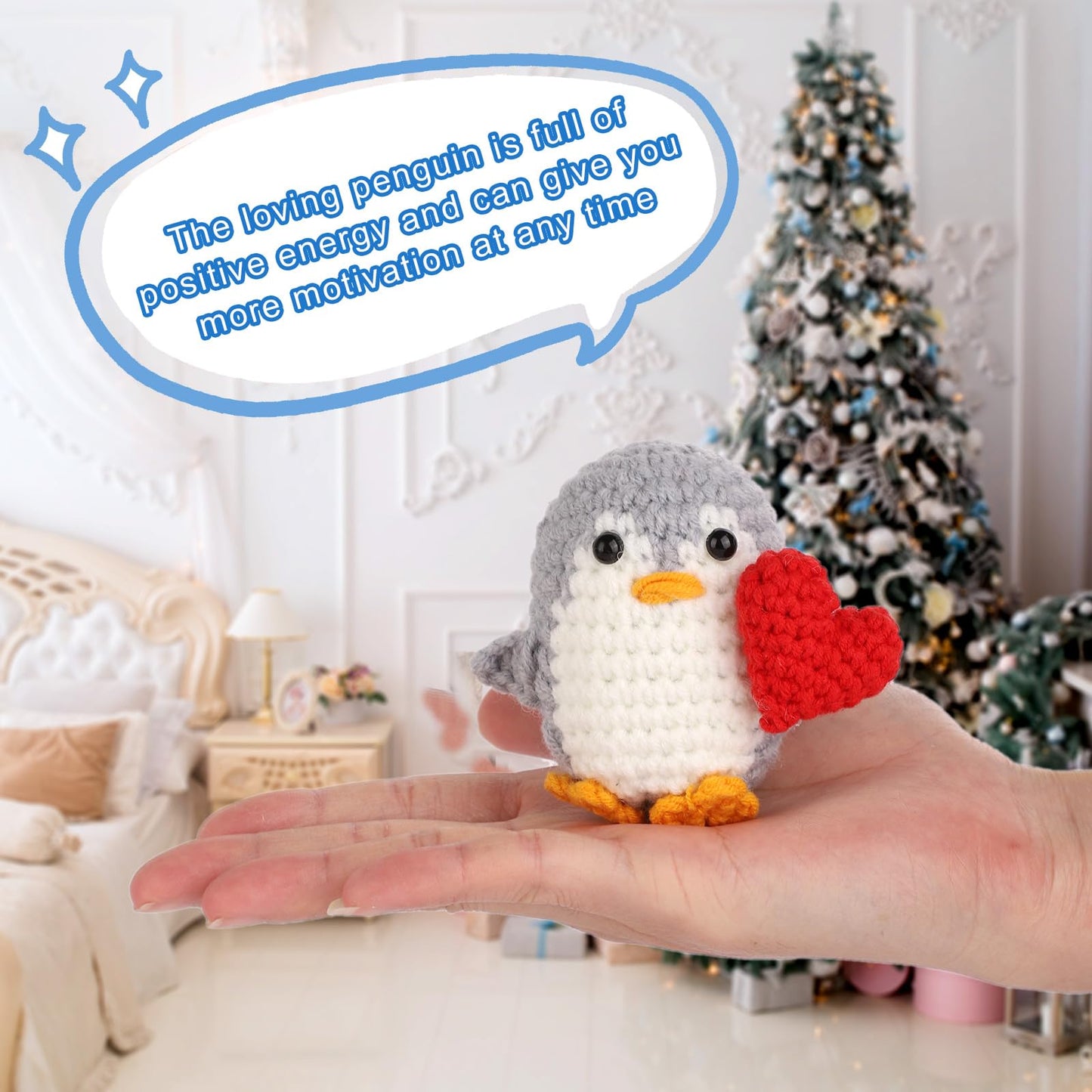 TOYMIS 2 Stück Positiver Herz Pinguin mit Karten, Gehäkelte Tierwollepuppe Gestrickter Positiver Pinguin mit Herz