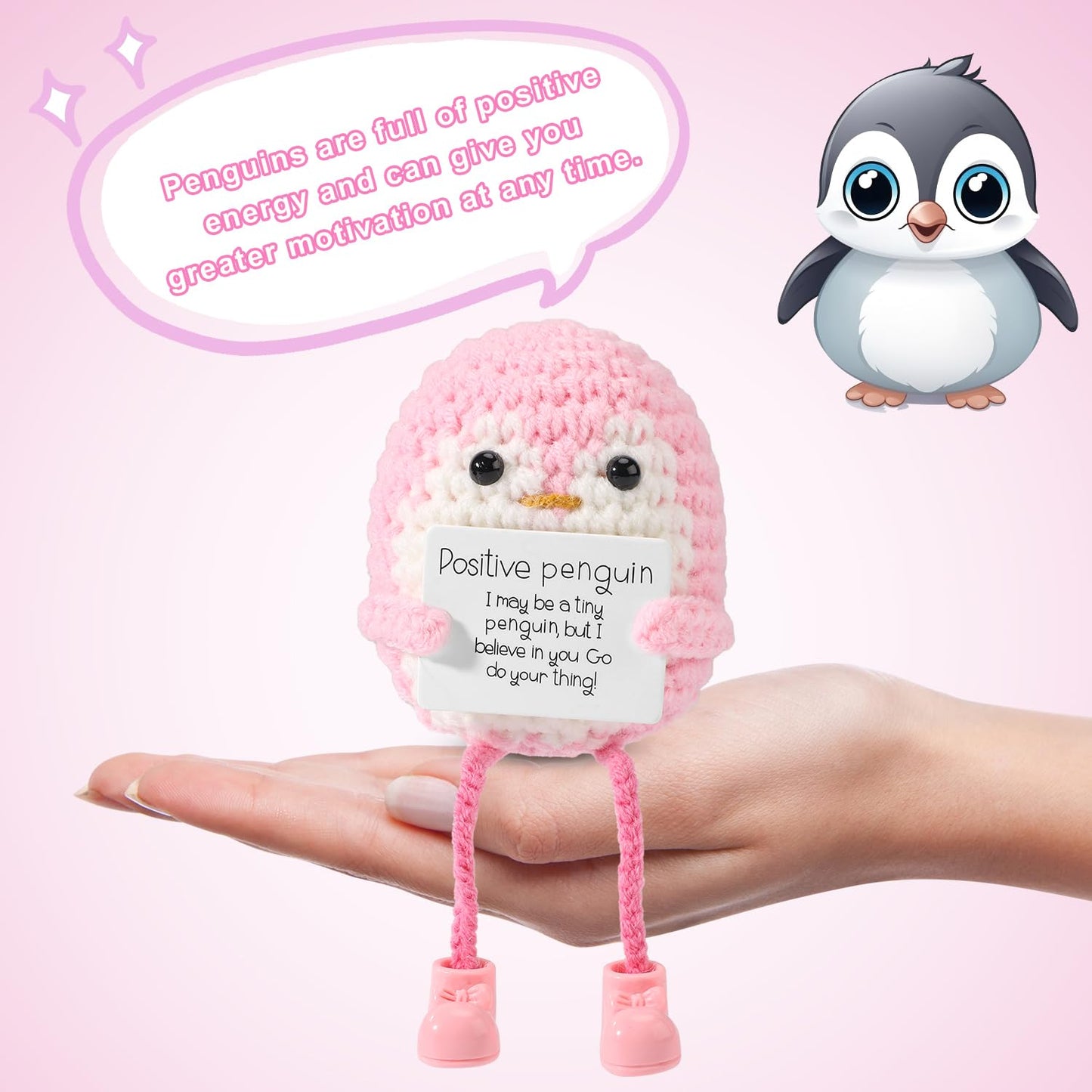TOYMIS Positiver Pinguin, Gestricktes Pinguinspielzeug mit Langen Beinen und Ermutigungskarte Emotionales Ermutigungspinguin
