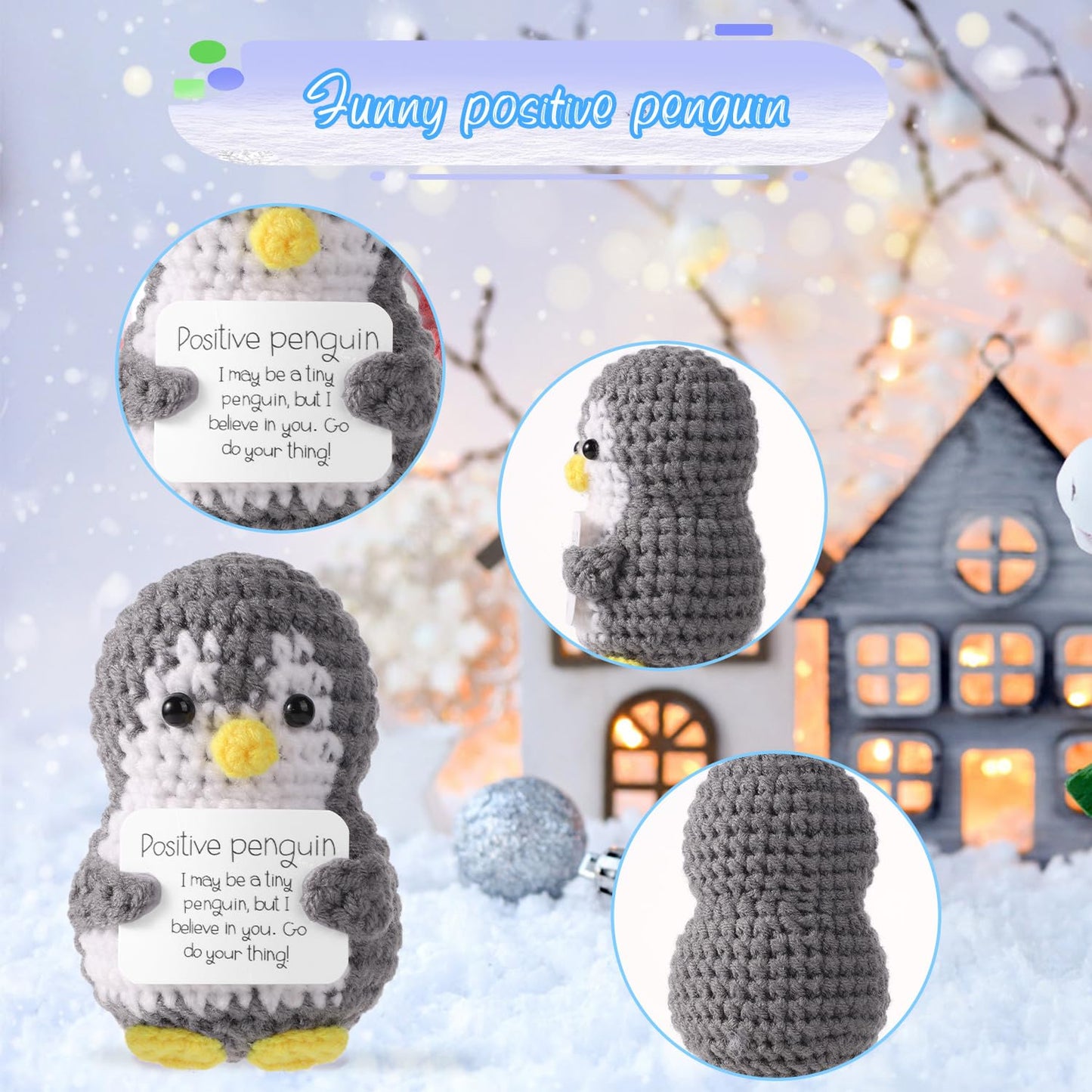 TOYMIS Lustiger Positiver Pinguin, 8cm Mini Süß Geschenke Taschen Dekorationen Puppe Gehäkelter Mit Karte Inspirierend