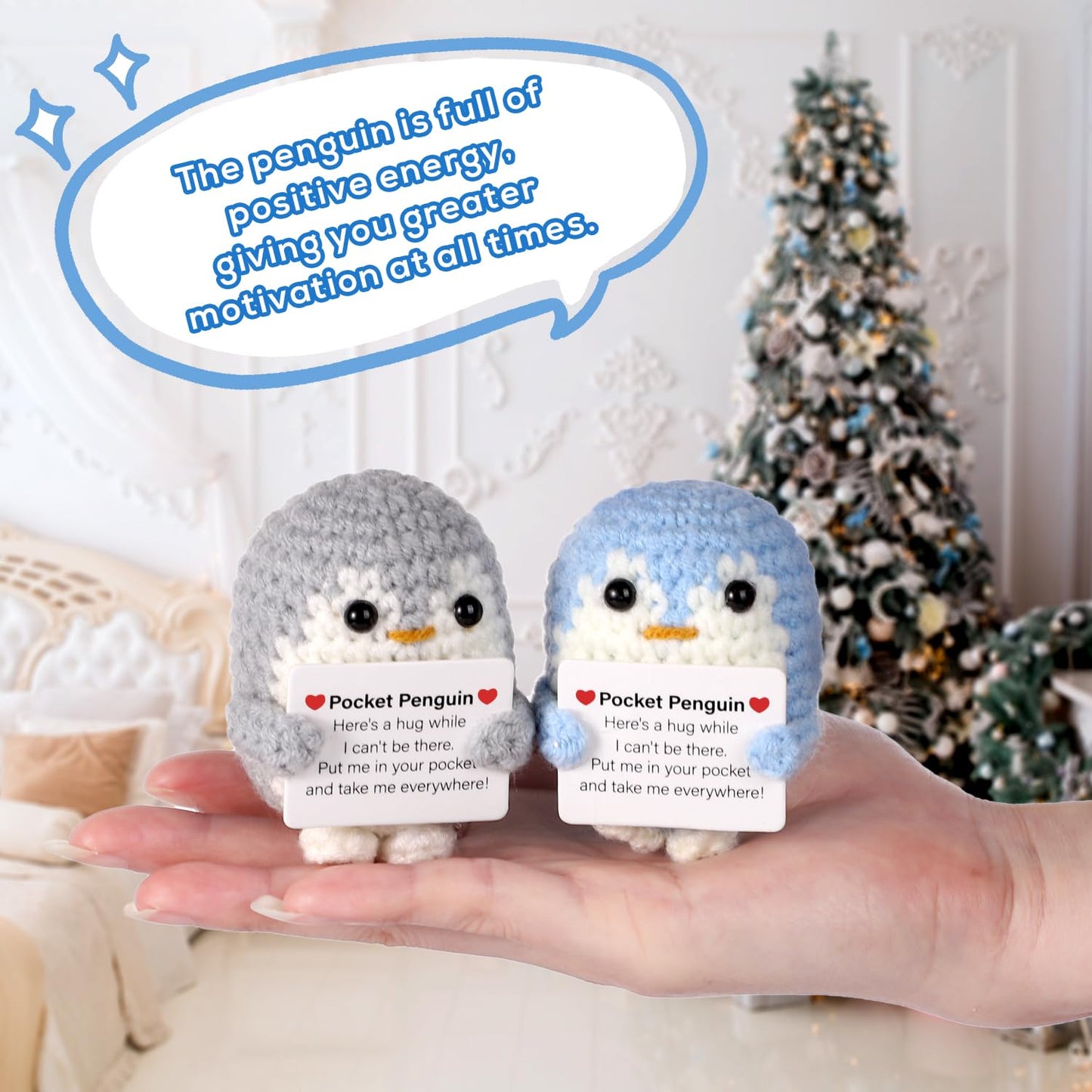 TOYMIS 2 Stück Taschen Pinguin, 6,5cm Lustiges Gestricktes Pinguin-Spielzeug mit Ermutigungskarte Süßer Positiver Pinguin Puppe