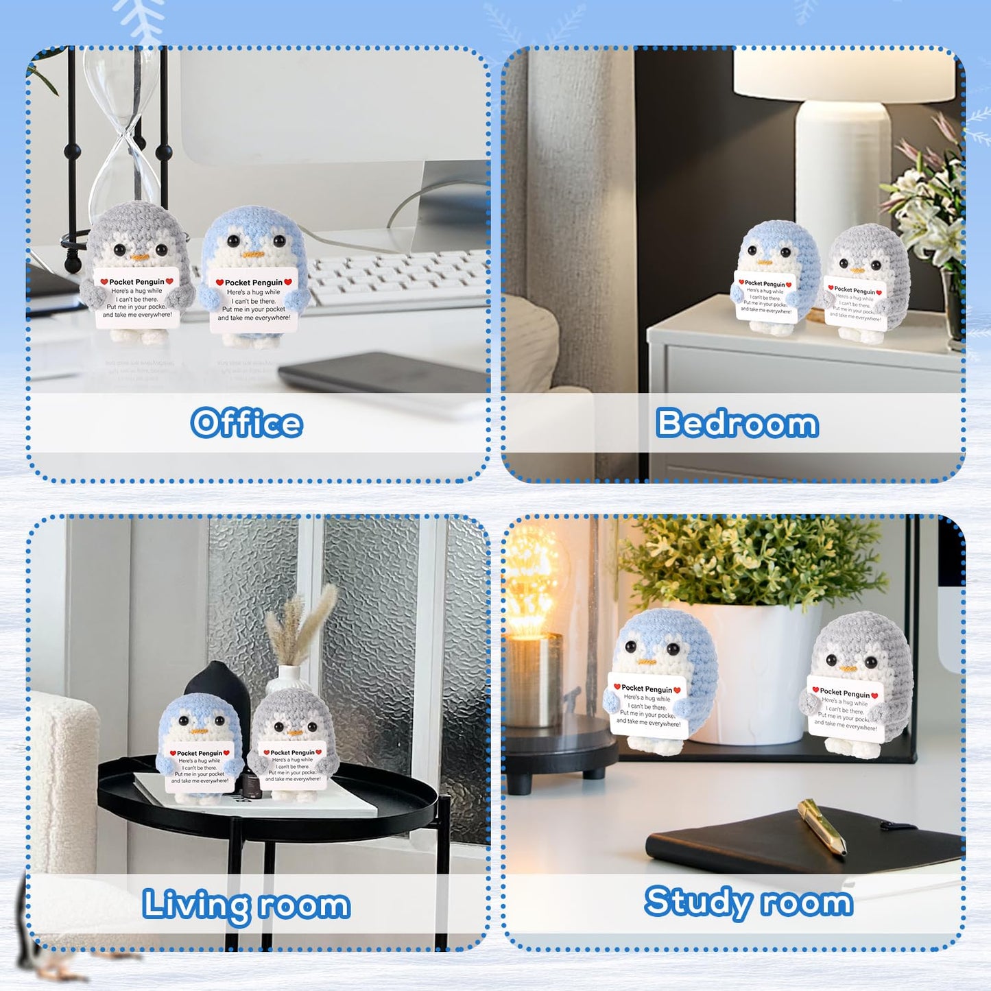TOYMIS 2 Stück Taschen Pinguin, 6,5cm Lustiges Gestricktes Pinguin-Spielzeug mit Ermutigungskarte Süßer Positiver Pinguin Puppe