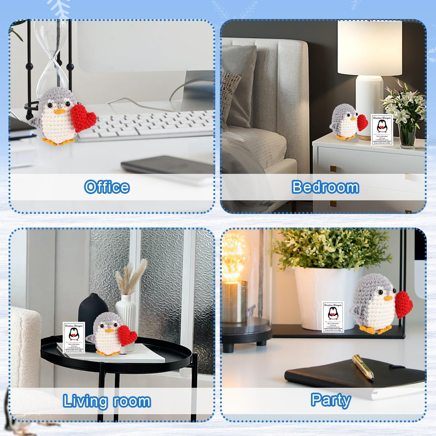 TOYMIS 2 Stück Positiver Herz Pinguin mit Karten, Gehäkelte Tierwollepuppe Gestrickter Positiver Pinguin mit Herz