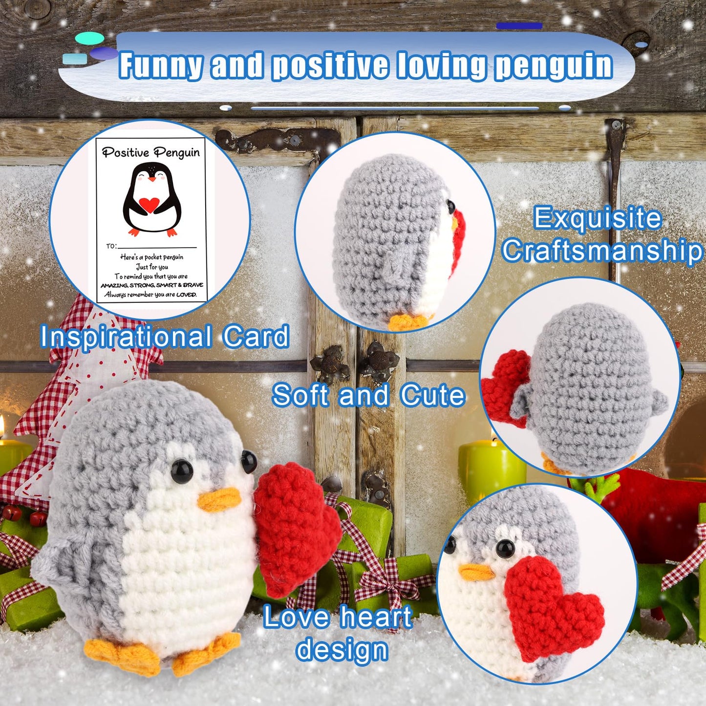 TOYMIS 2 Stück Positiver Herz Pinguin mit Karten, Gehäkelte Tierwollepuppe Gestrickter Positiver Pinguin mit Herz