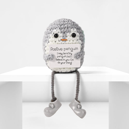 TOYMIS Positive Pinguinpuppe, Lustig Gestricktes Pinguinspielzeug mit Langen Beinen und Ermutigungskarte Emotional Gehäkeltes