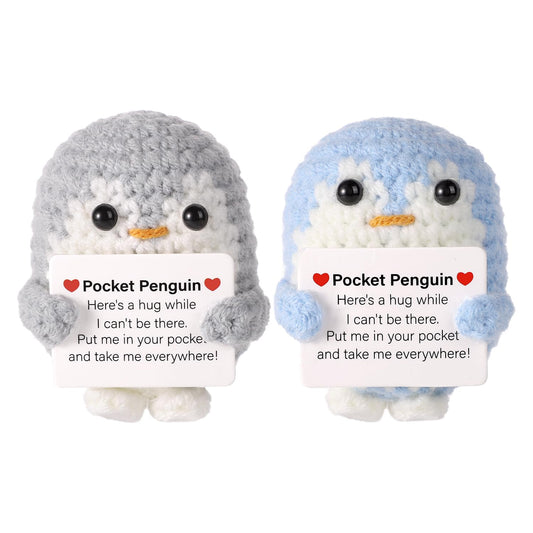 TOYMIS 2 Stück Taschen Pinguin, 6,5cm Lustiges Gestricktes Pinguin-Spielzeug mit Ermutigungskarte Süßer Positiver Pinguin Puppe