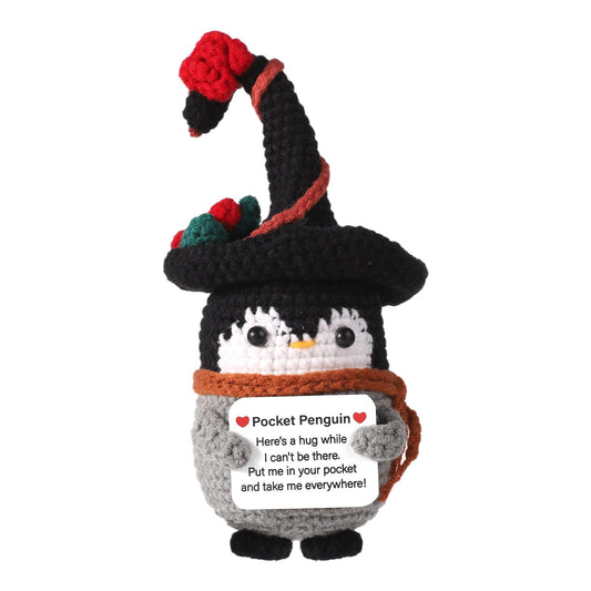 TOYMIS Taschen Pinguin, 14cm Lustiger Positiver Pinguin mit Zaubererhut Niedlich Häkelpuppe Gestrickter Pinguin Spielzeug mit Karte Dekoration