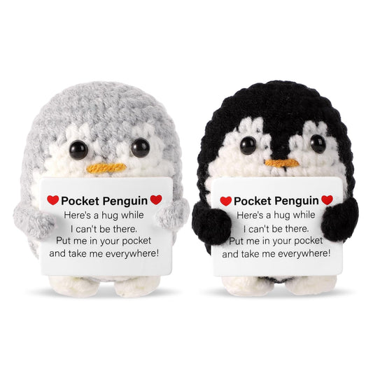 TOYMIS 2 Stück Taschen-Pinguin-Umarmung, 6,5cm Mini Lustig Positiver Süß Häkelpuppe Ornament Gestricktes Spielzeug Mit Positiver Karte