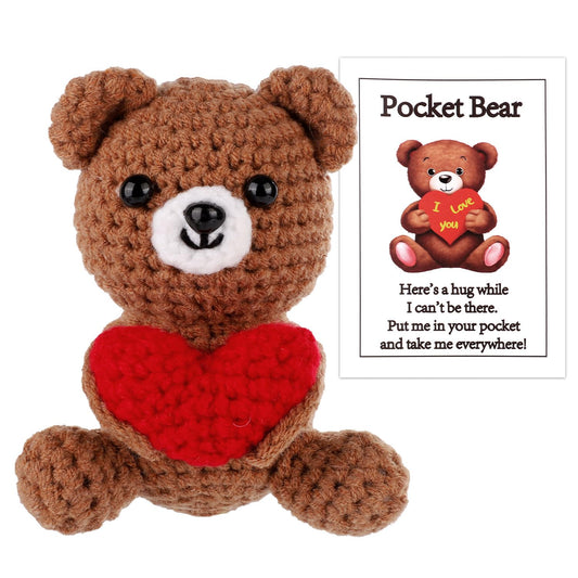 TOYMIS Positiver Bär, Taschen-Umarmungsbär mit Liebesherz Bären-Häkelpuppe Valentinstagsbär Gestricktes Bärenspielzeug für Weihnachten