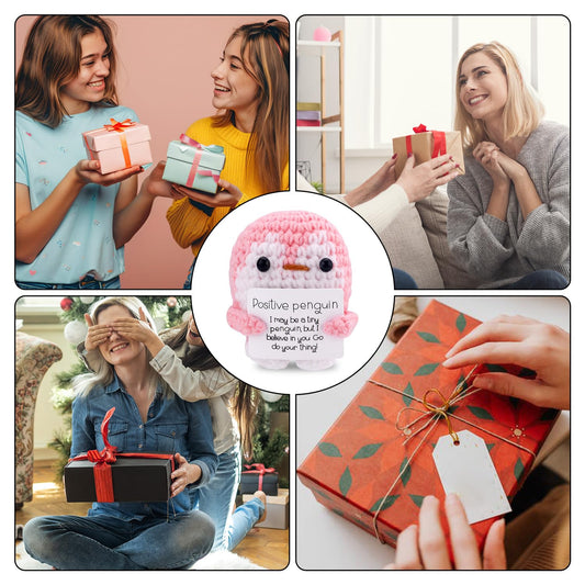 TOYMIS Positiver Gehäkelter Pinguin, Lustige Pinguinpuppe mit Positiver Karte Gestrickter Pinguin Unterstützendes Häkelspielzeug Geschenke