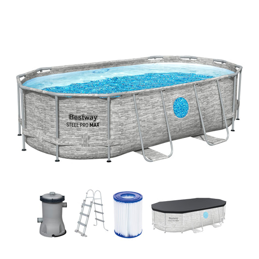 Bestway Power Steel Swim Vista Series Frame Pool Komplett-Set mit Filterpumpe 427 x 250 x 100 cm, Steinwand-Optik (Cremegrau), oval