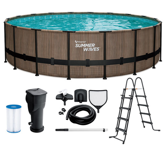 Summer Waves Frame Pool Komplettset | Rund 549x132 cm Teak Optik Braun | Aufstellpool Set | Gartenpool & Schwimmbecken inkl. Filterpumpe