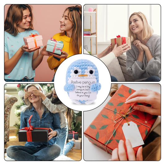 TOYMIS Positiver Gehäkelter Pinguin, Lustige Pinguinpuppe mit Positiver Karte Gestrickter Pinguin Unterstützendes Häkelspielzeug Geschenke